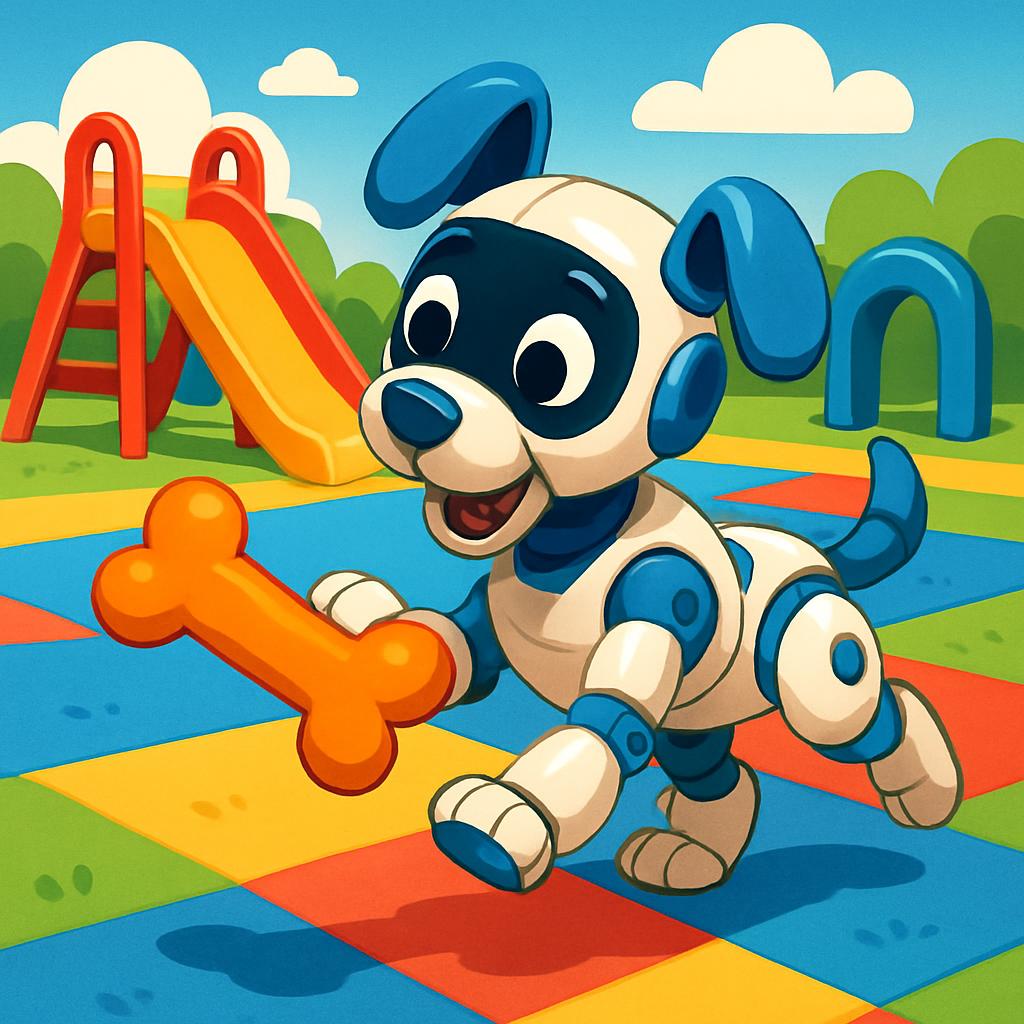 Cartoon image of a chipper dog-like robot toy holding a bone in a playground arcade style.
