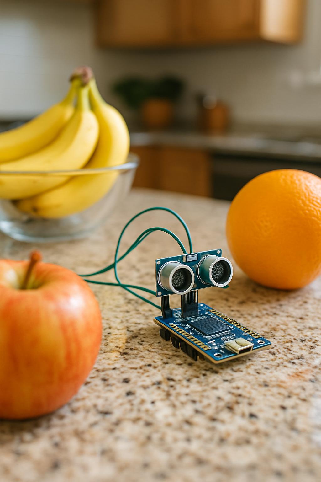 A small camera board with binocular lenses is connected to wires on a table, accompanied by an apple and an orange in the ...