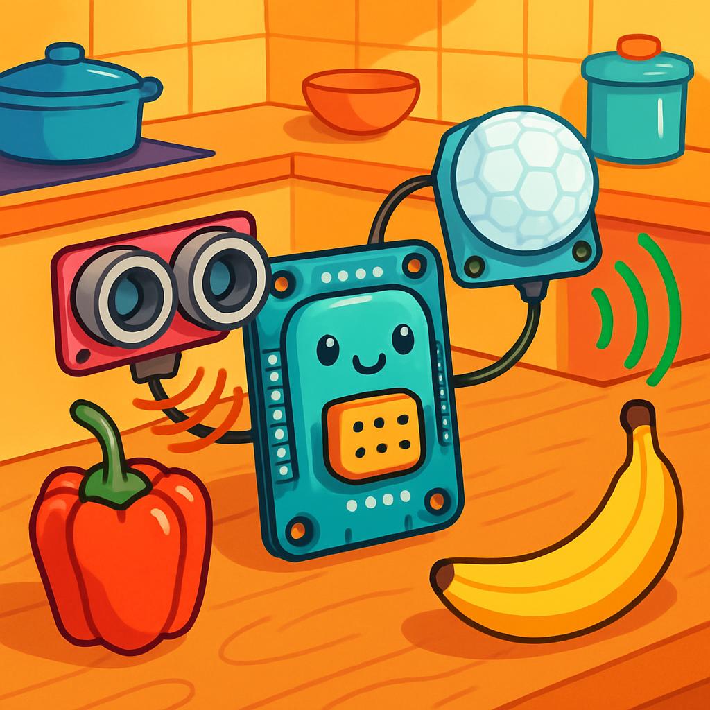 A colorful cartoon robot in the style of video games in a kitchen playing a soccer ball speaker and a multi-camera cye and...