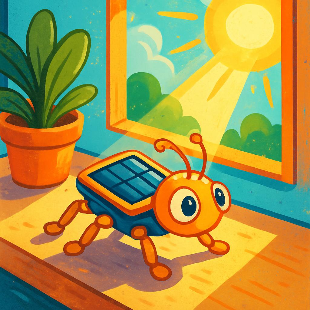 A cartoonish scene of a虫solar panel insect in a sunny room, with a sunray shining through a window and a potted plant on a...