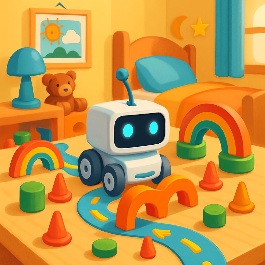 A cartoon robot stands in a bedroom. The room is furnished with a bed, a window; a table with a lamp and a teddy bear; a f...