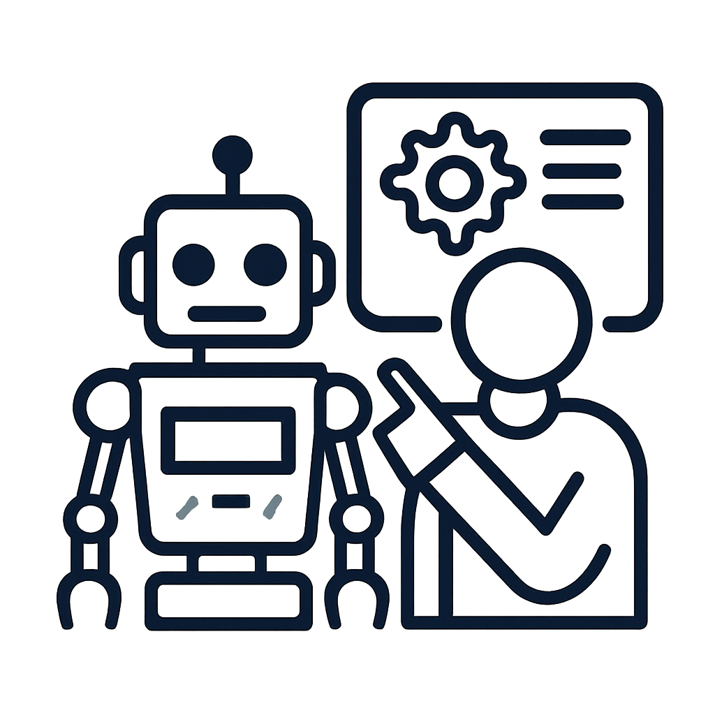 This image features a dark blue line drawing of a robot, a person and a graphics card.